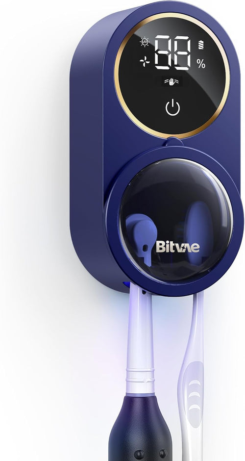 Bitvae Upgraded Tooth Brush Holder for Bathroom 2.0, Infrared Sensing Toothbrush Cleaner, Wall-Mounted for Most Size Toothbrushes, Air Drying, LED Smart Screen, White Gold Trim