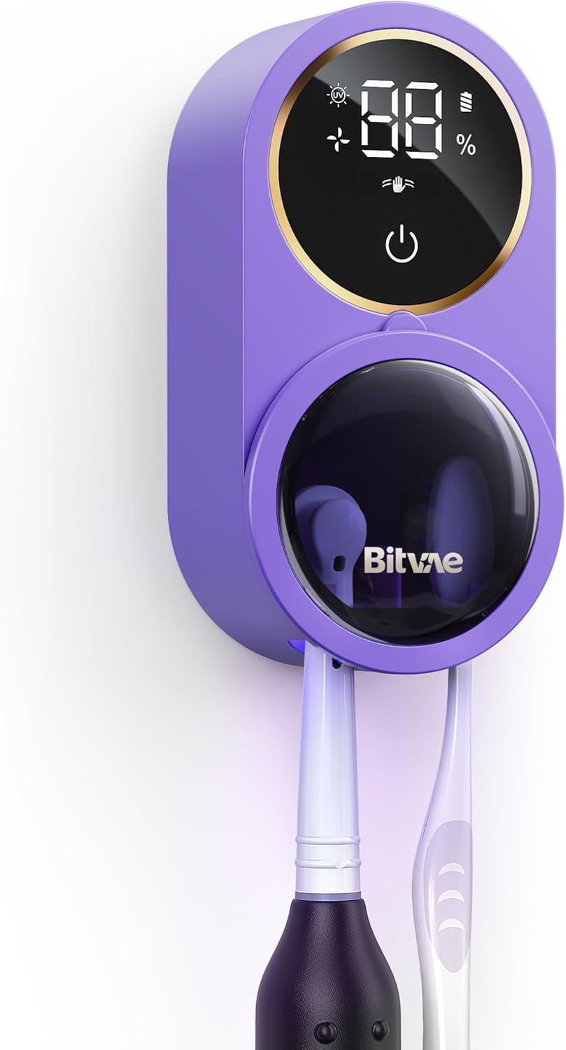 Bitvae Upgraded Tooth Brush Holder for Bathroom 2.0, Infrared Sensing Toothbrush Cleaner, Wall-Mounted for Most Size Toothbrushes, Air Drying, LED Smart Screen, White Gold Trim