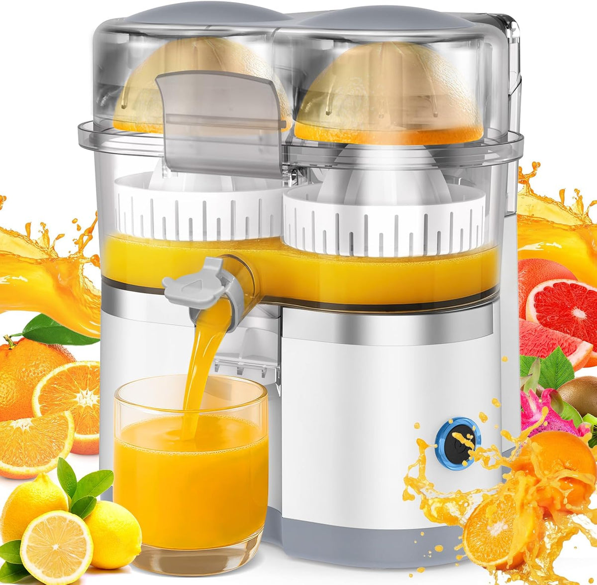 Electric Juicer Machines with Double Head and Built-in Fruit Cutter, Fast Citrus Juicer for Oranges, Lemons, Limes & Grapefruits, Powerful Lemon Juicer for Home, Kitchen and Daily Fresh Drinks