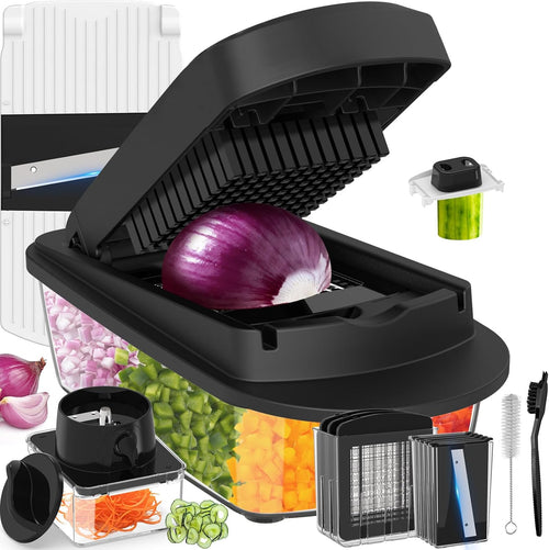 12 Blade All-in-1 Vegetable Chopper Mandoline Slicer with Container, Spiralizer with Containers, Food Chopper, Onion Chopper, Veggie Cutter for Salad, Kitchen Gadgets Accessories Essentials, White