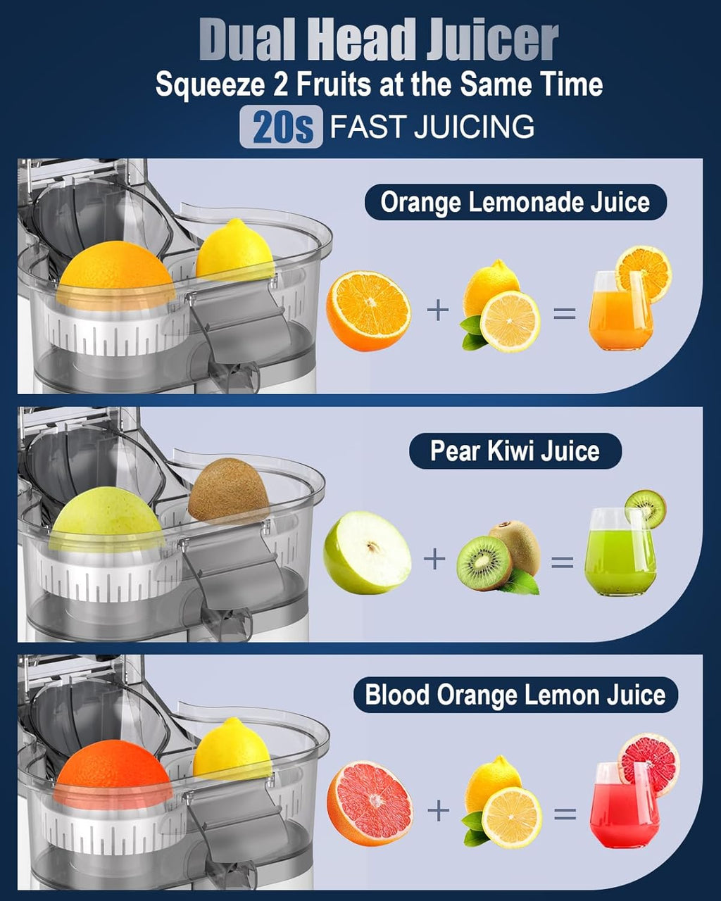 Electric Juicer Machines with Double Head and Built-in Fruit Cutter, Fast Citrus Juicer for Oranges, Lemons, Limes & Grapefruits, Powerful Lemon Juicer for Home, Kitchen and Daily Fresh Drinks