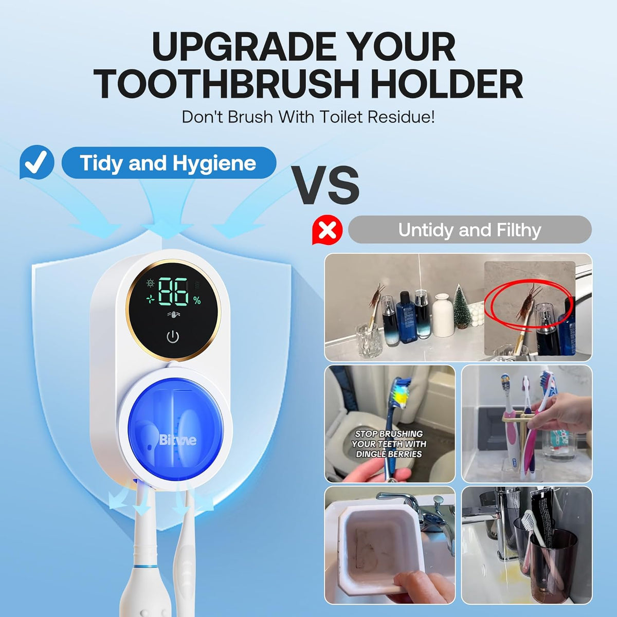 Bitvae Upgraded Tooth Brush Holder for Bathroom 2.0, Infrared Sensing Toothbrush Cleaner, Wall-Mounted for Most Size Toothbrushes, Air Drying, LED Smart Screen, White Gold Trim