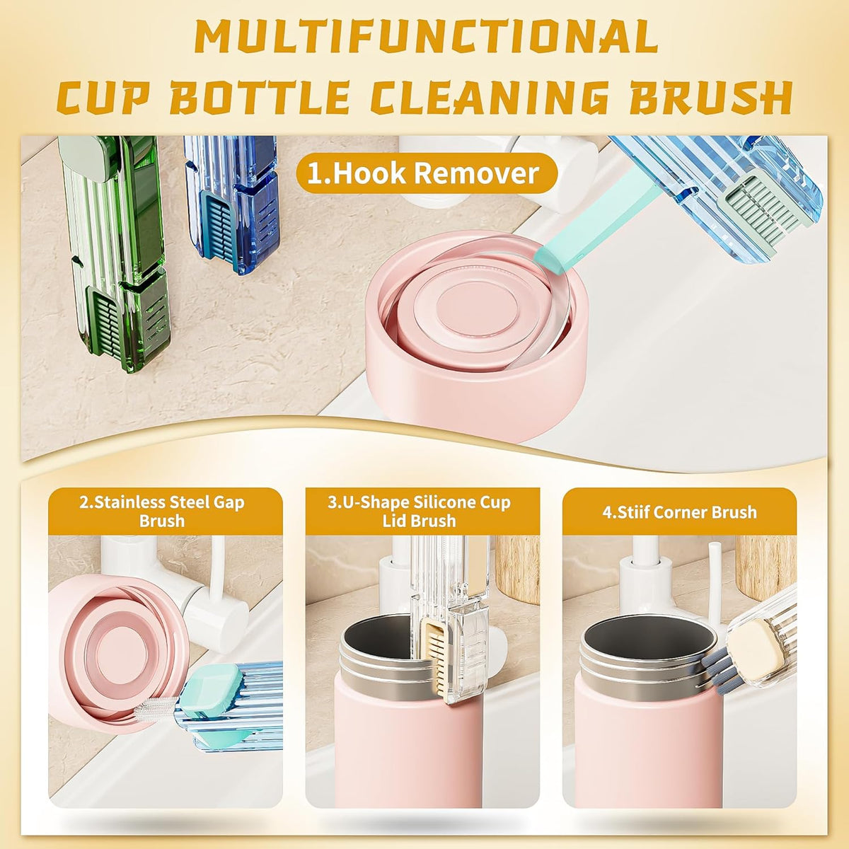 4 in 1 Cup Lid Gap Cleaning Brush Set,Multifunctional Crevice Cleaning Brush for Bottle,Multipurpose Bottle Cleaner with Compact Design Tiny Silicone Cup Holder Cleaner Tool,Kitchen Gadgets